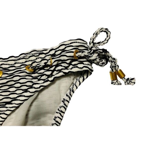 Jessica Simpson Black Wavy Line Bikini Bottom Sz M Drawstring Side Tie Flaw NEW - Picture 3 of 6